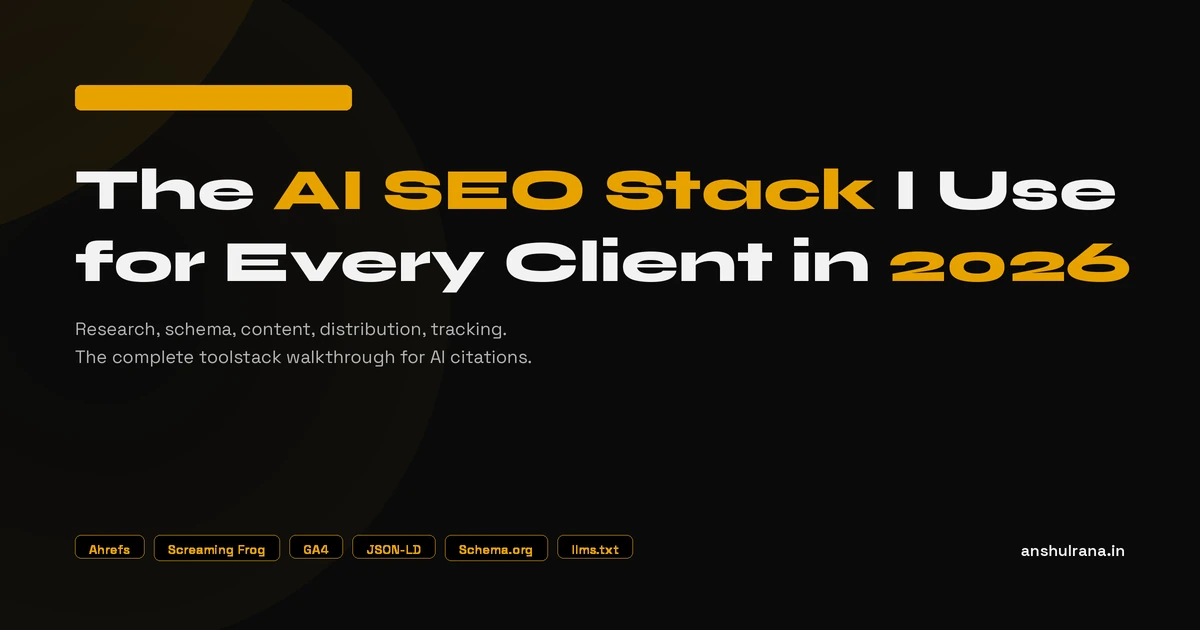 AI SEO toolstack diagram showing research, technical, content, distribution, and tracking layers connected in a workflow for AI search visibility