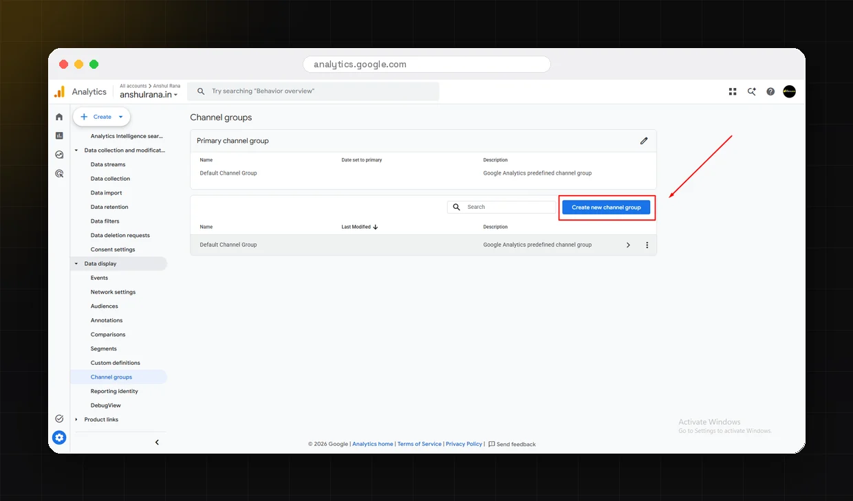 GA4 Admin panel showing the Channel groups screen with the Create new channel group button