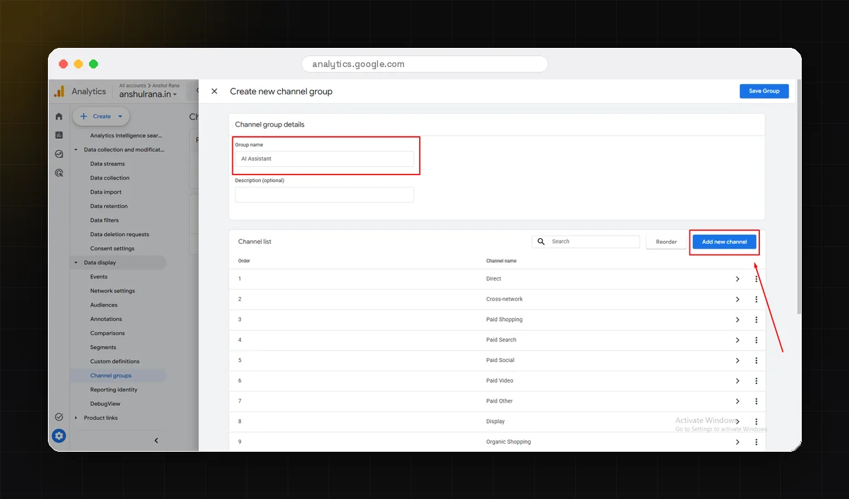 GA4 channel group editor with a new AI Assistants channel placed at the top of the priority order