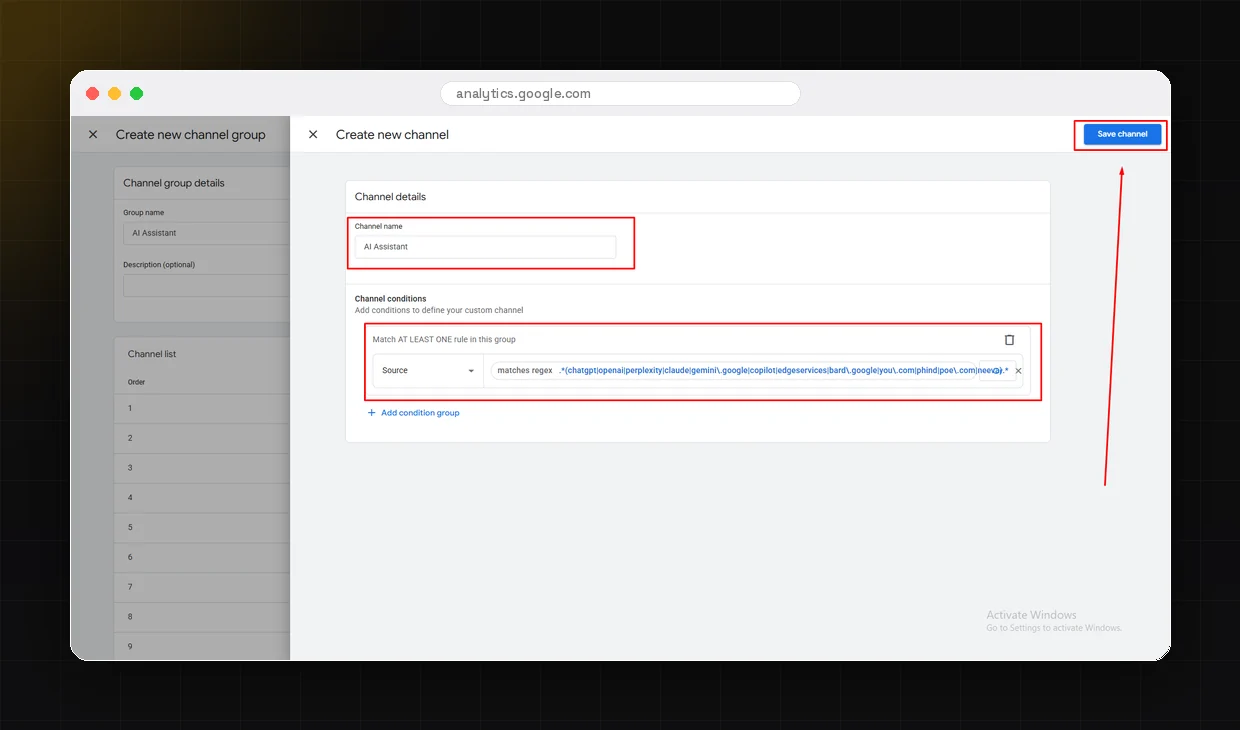 GA4 channel condition editor with Source matches regex selected and the AI referrer regex pattern pasted in