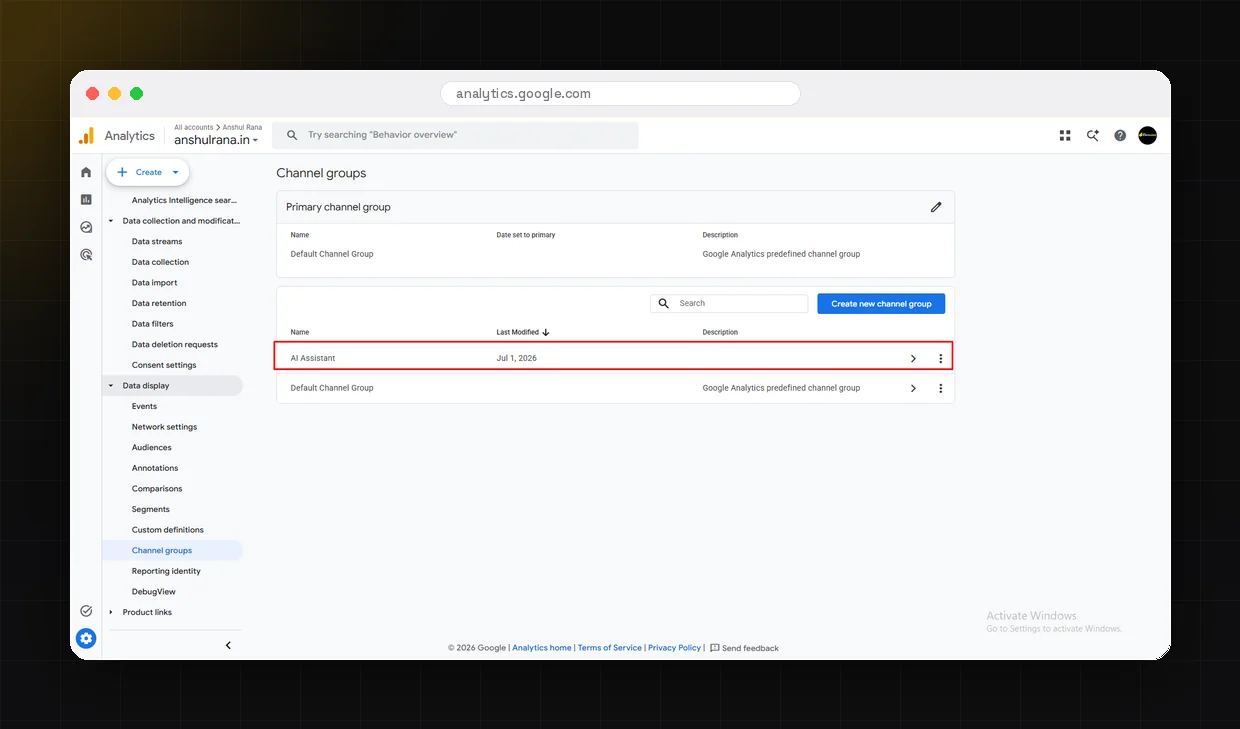 GA4 free-form Exploration report filtered to AI referral sources, showing landing pages and engagement rate by tool
