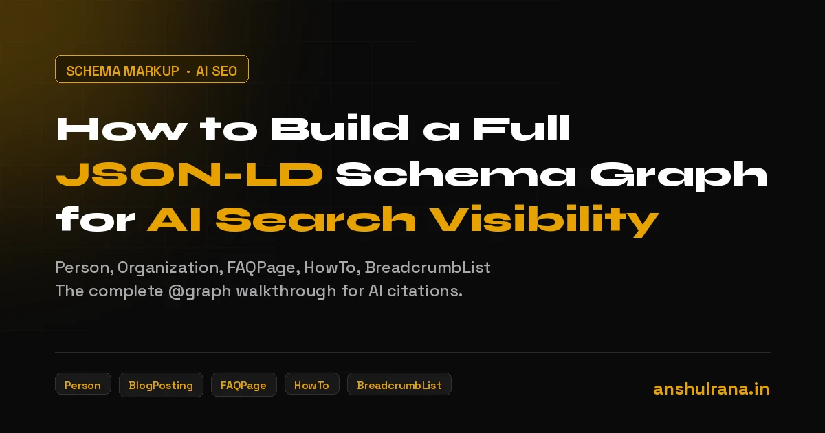 JSON-LD schema graph structure showing Person, FAQPage, HowTo, and BreadcrumbList nodes connected in a single @graph block for AI search visibility