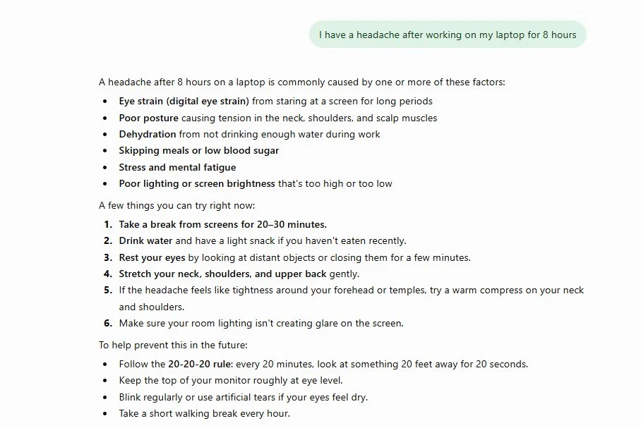 AI search engine answering the headache query with full context - covering eye strain, poor posture, dehydration, the 20-20-20 rule, and when to seek medical advice