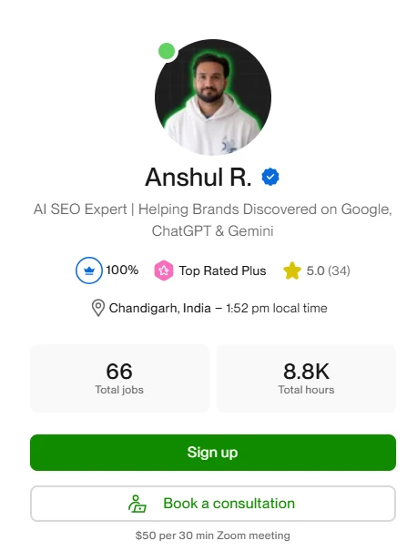 Anshul Rana's Upwork profile: AI SEO Expert, Top Rated Plus, 100 percent Job Success Score, 5.0 rating from 34 reviews, 66 jobs and 8.8K hours completed