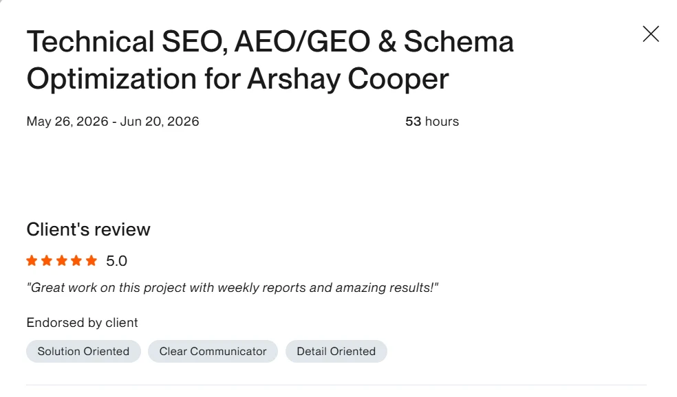 Verified Upwork review for the Arshay Cooper technical SEO, AEO, and GEO project showing a 5.0 rating and client endorsements