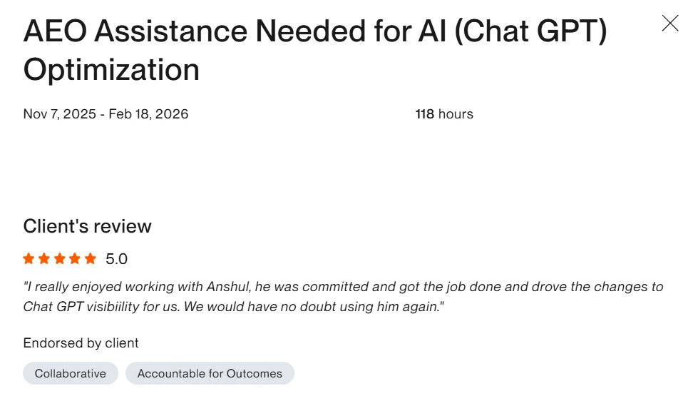 Verified Upwork review showing 5.0 rating and 118 hours for the AEO ChatGPT optimization project