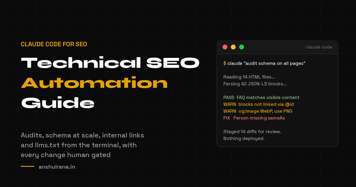 Claude Code for SEO cover showing a terminal session running a schema audit with staged diffs